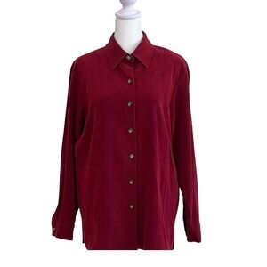 Talbots Petites Womens Medium Burgundy Red Faux Suede Button Down Shirt Stretch